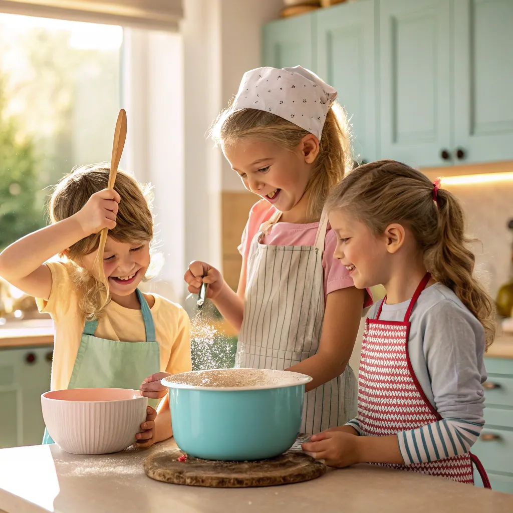Children joyfully cooking in a kitchen
