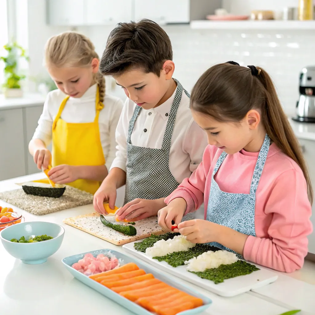 Kids preparing sushi